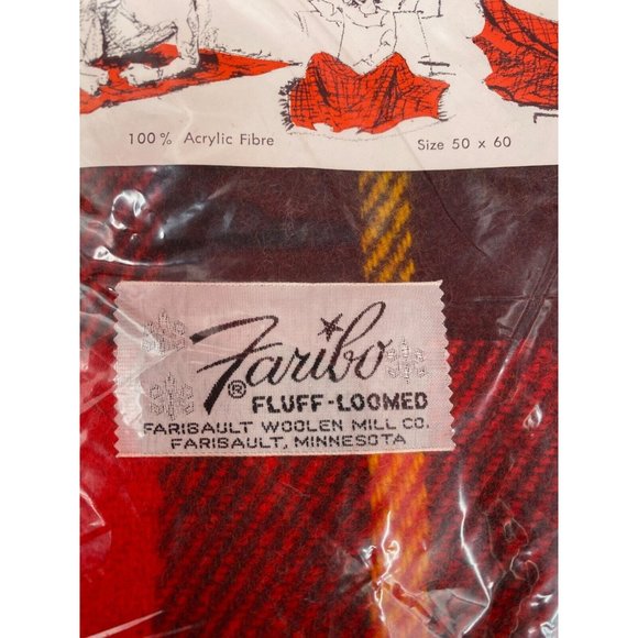 Vintage Faribo Acrylic Red Plaid Fluff Loomed Carefree Fringes Blanket NIP - Picture 3 of 9